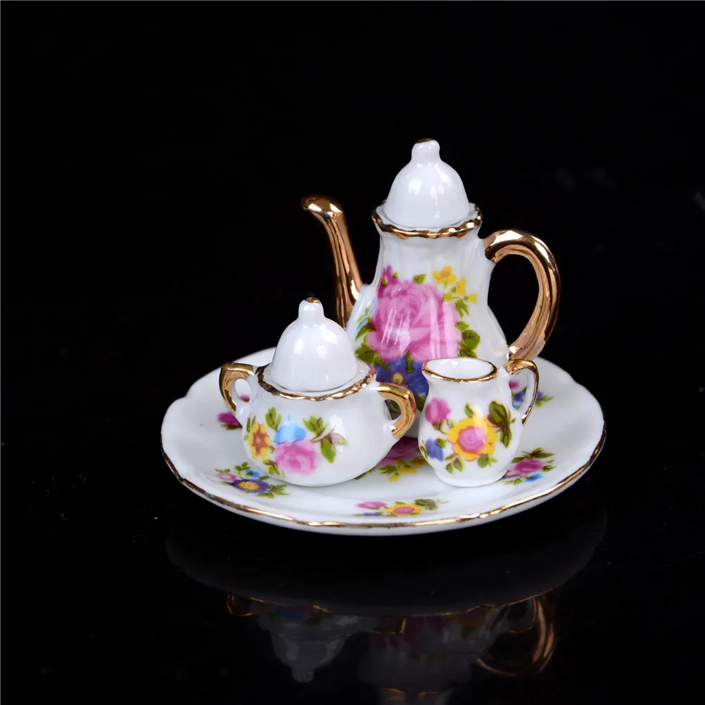 

8Pcs Porcelain Dish Pot Tray Cups Teapot Dollhouse Miniature Mini Cute Coffee Tea Set 1:12 Kitchen Strawberry Printing