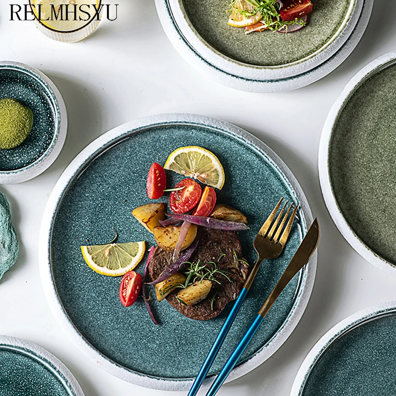

1 шт., керамическая тарелка RELMHSYU в скандинавском стиле, плоская десертная тарелка в западном стиле, обеденная тарелка для овощей и фруктов, простая посуда