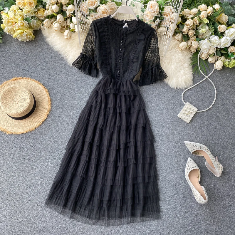 2020 Summer Wear for Women Sweet Lace Short Flare Sleeve Stitching Mesh Ruffle Dress Elegant Vestidos
2020 Summer Wear for Women Sweet Lace Short Flare Sleeve Stitching Mesh Ruffle Dress Elegant Vestidos