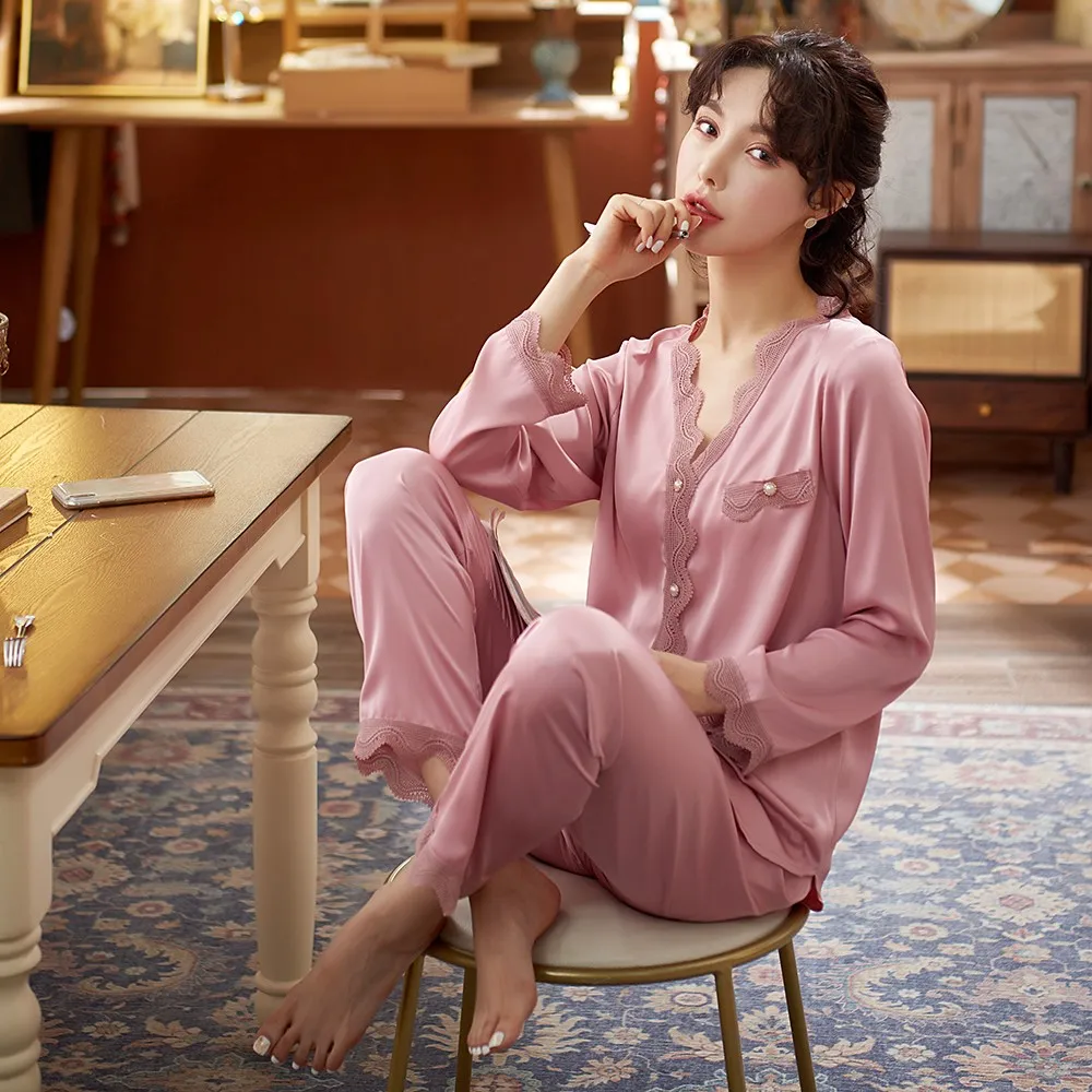 Women Pajamas Set Satin Lounge Wear Sexy Faux Silk Sleepwear 2PCS Shirt&Pants Intimate Lingerie With Lace Nightwear Pijamas
Women Pajamas Set Satin Lounge Wear Sexy Faux Silk Sleepwear 2PCS Shirt&Pants Intimate Lingerie With Lace Nightwear Pijamas