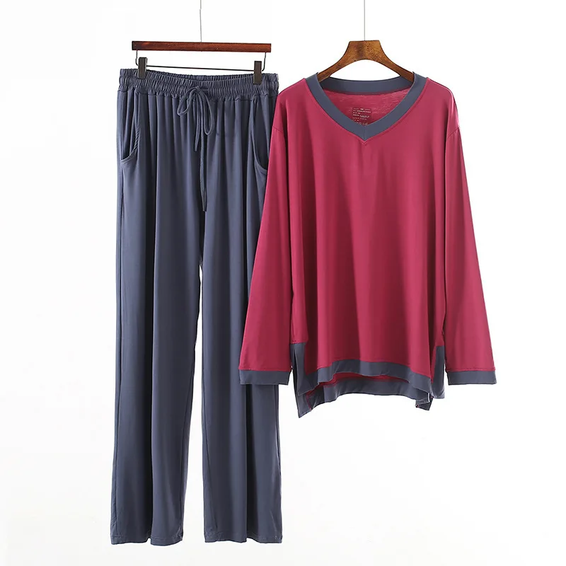 Women's 2021 spring and summer new fat mm long-sleeved trousers modal contrast color home service ladies two-piece suit 
Women's 2021 spring and summer new fat mm long-sleeved trousers modal contrast color home service ladies two-piece suit
