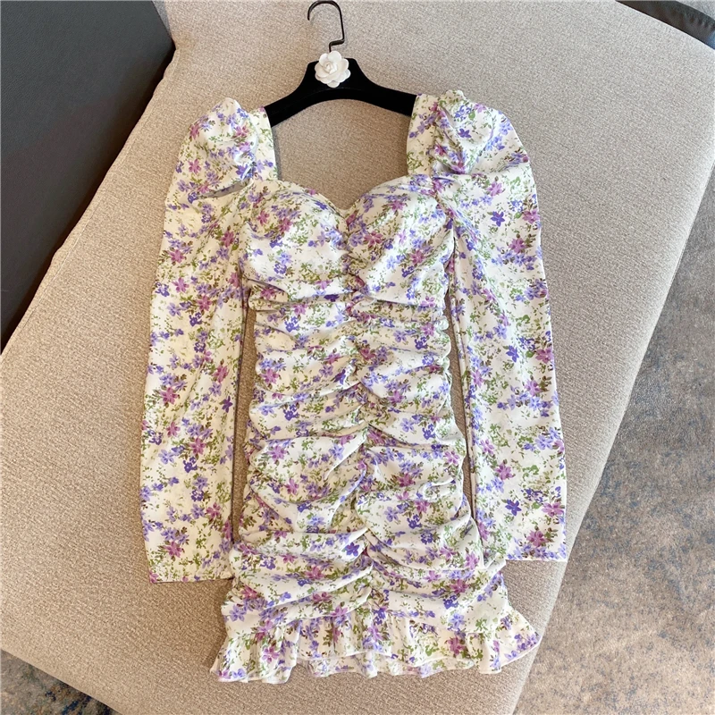 Fashion Sweet Floral Women Dress Pleated Slim Square Collar Off-Shoulder Evening Bodycon Dress Boho 2021 Summer Lolita Clothing 
Fashion Sweet Floral Women Dress Pleated Slim Square Collar Off-Shoulder Evening Bodycon Dress Boho 2021 Summer Lolita Clothing