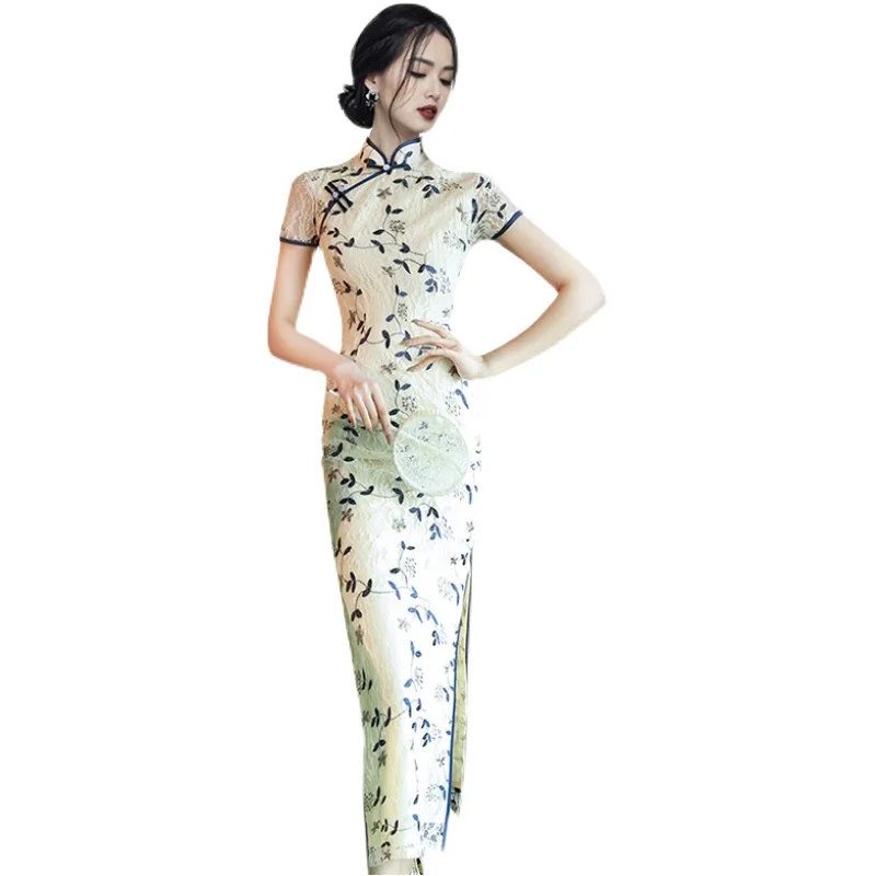 COIGARSAM Sexy Lace Women dress Summer Cheongsam Short Sleeve High Waist Thin Dresses Apricot 888
COIGARSAM Sexy Lace Women dress Summer Cheongsam Short Sleeve High Waist Thin Dresses Apricot 888
