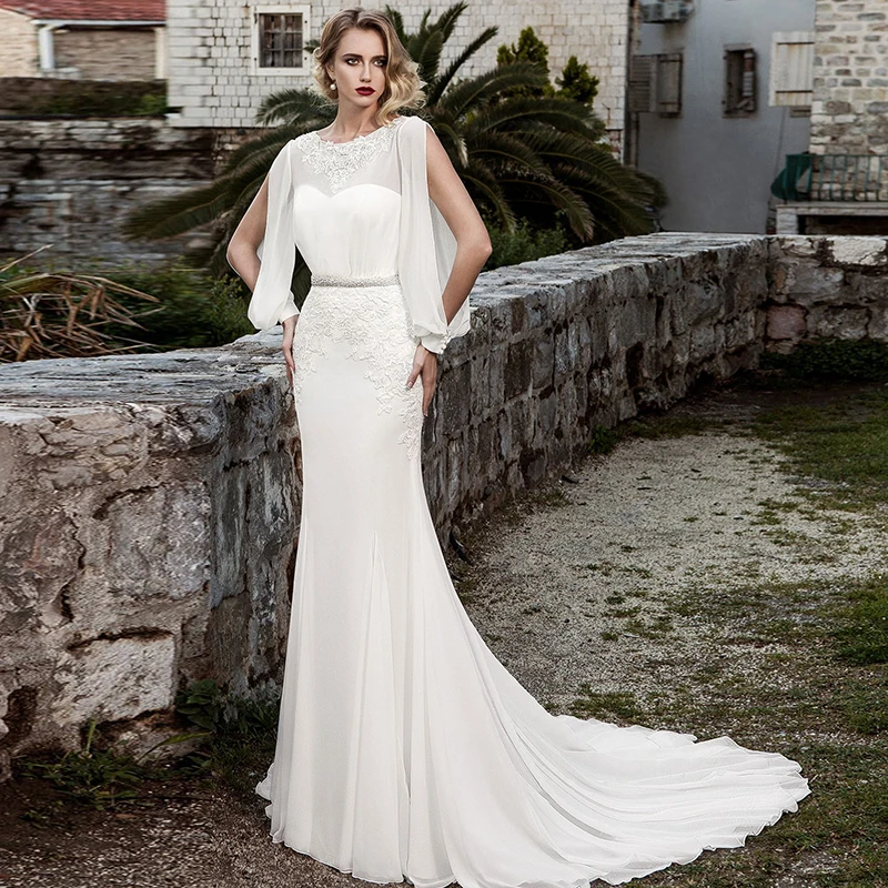 Simple White Wedding Dress Boho Ever Pretty Elegant Sheath Chiffon Long Sleeve Robe Sexy Bridal Gown with Beading Sash 2021
Simple White Wedding Dress Boho Ever Pretty Elegant Sheath Chiffon Long Sleeve Robe Sexy Bridal Gown with Beading Sash 2021