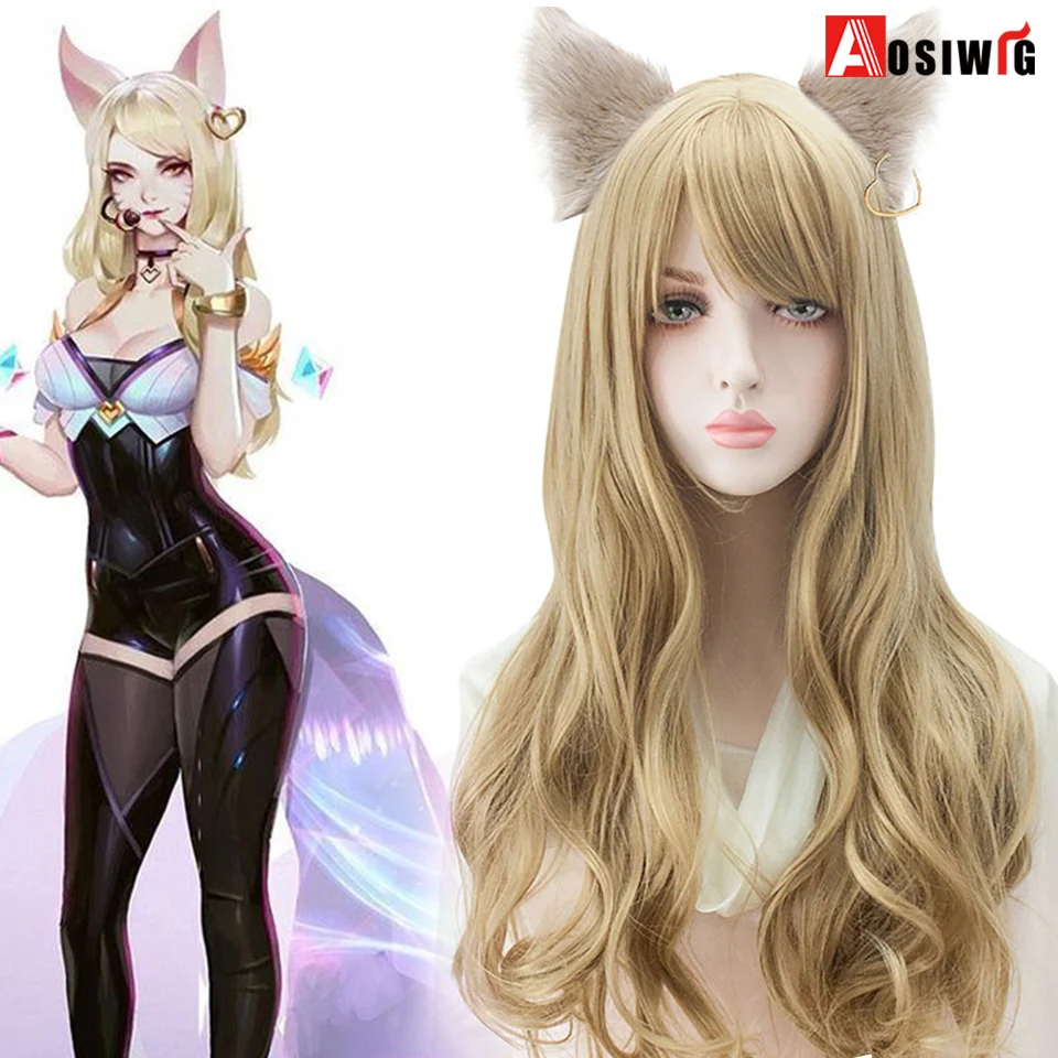 AOSIWIG KDA Girl Group Ahri Akali Evelyn LOL Game Cosplay Wavy Wigs Golden Red Brown Dark Heat Resistant Synthetic Hair | Шиньоны и