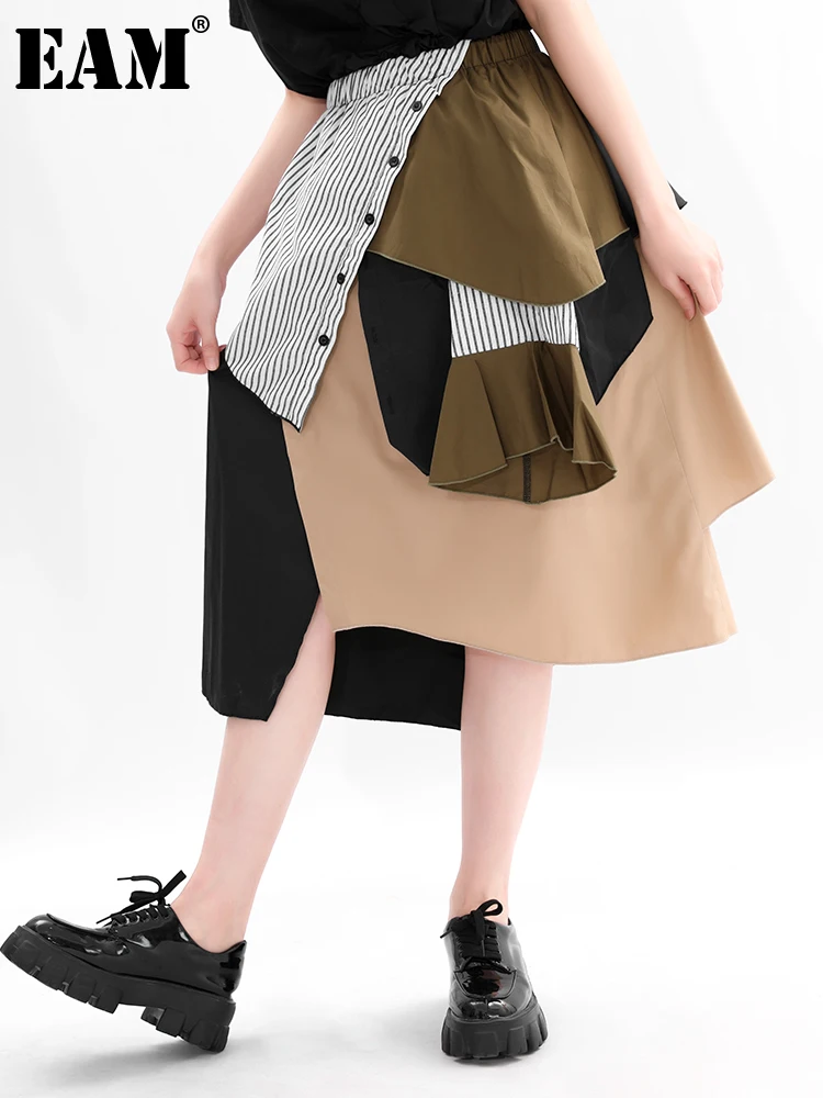 

[EAM] Асимметричная юбка в полоску с высокой эластичной талией черного цвета и цвета хаки Женская модная новинка весна-осень 2021 1A88804