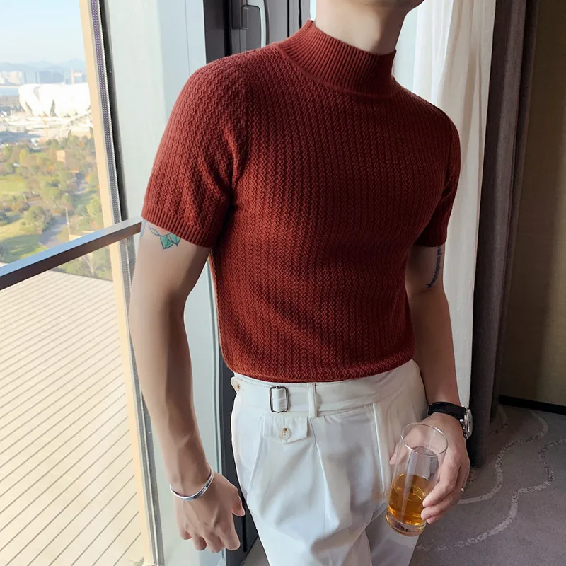 

Spring New 2021 Short Sleeve Knitted Sweater Men Clothing Solid All Match Slim Fit Stretched Turtleneck Casual Pullovers 5Colors