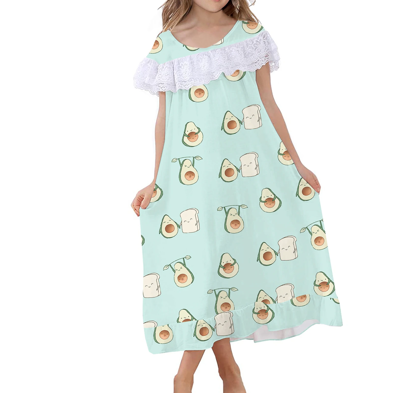 Girls Summer Nightdress, Children Avocado Print Short Sleeve Round Neck Lace Trim Siamese Dress with Bowknot
Girls Summer Nightdress, Children Avocado Print Short Sleeve Round Neck Lace Trim Siamese Dress with Bowknot