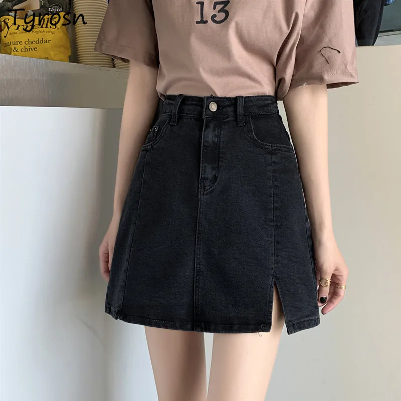 Skirts Women Lining Side-slit Design Hot Slim A-line Mini Skirt Faldas Black Denim High Waist Sweet Girls Lovely Retro All-match
Skirts Women Lining Side-slit Design Hot Slim A-line Mini Skirt Faldas Black Denim High Waist Sweet Girls Lovely Retro All-match