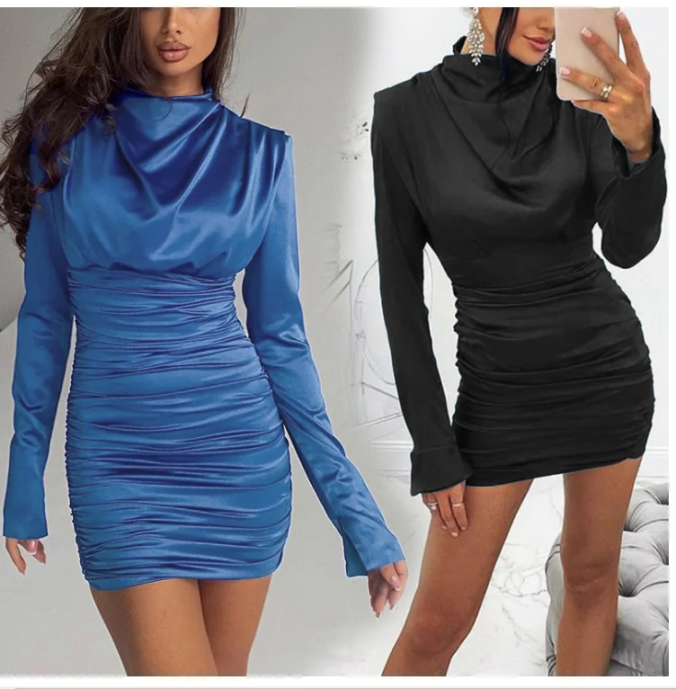 Satin Turtleneck Mini Casual Dress Women Long Sleeve Pleated Autumn Sexy Bodycon Dress Winter Short Women Party Dress
Satin Turtleneck Mini Casual Dress Women Long Sleeve Pleated Autumn Sexy Bodycon Dress Winter Short Women Party Dress
