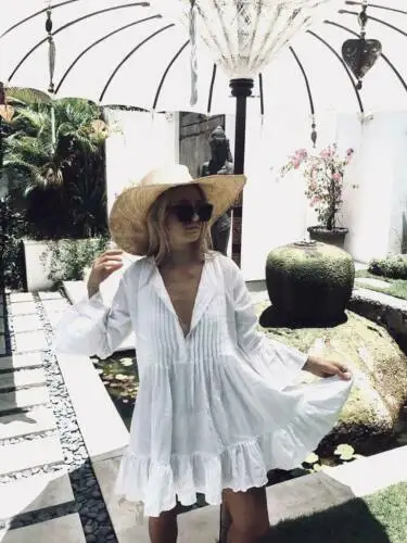 Women Bikini Cover Up Solid Color Long-sleeved Deep V-neck Loose Pleated Short Dress Casual Blouse
Women Bikini Cover Up Solid Color Long-sleeved Deep V-neck Loose Pleated Short Dress Casual Blouse