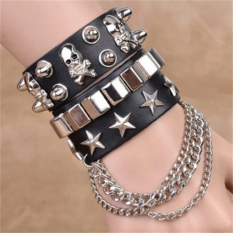 New Fashion Multilayer Leather Wide Bracelet Personality Skull Rivet Punk Street Dance Bracelet Jewelry Wholesale
New Fashion Multilayer Leather Wide Bracelet Personality Skull Rivet Punk Street Dance Bracelet Jewelry Wholesale