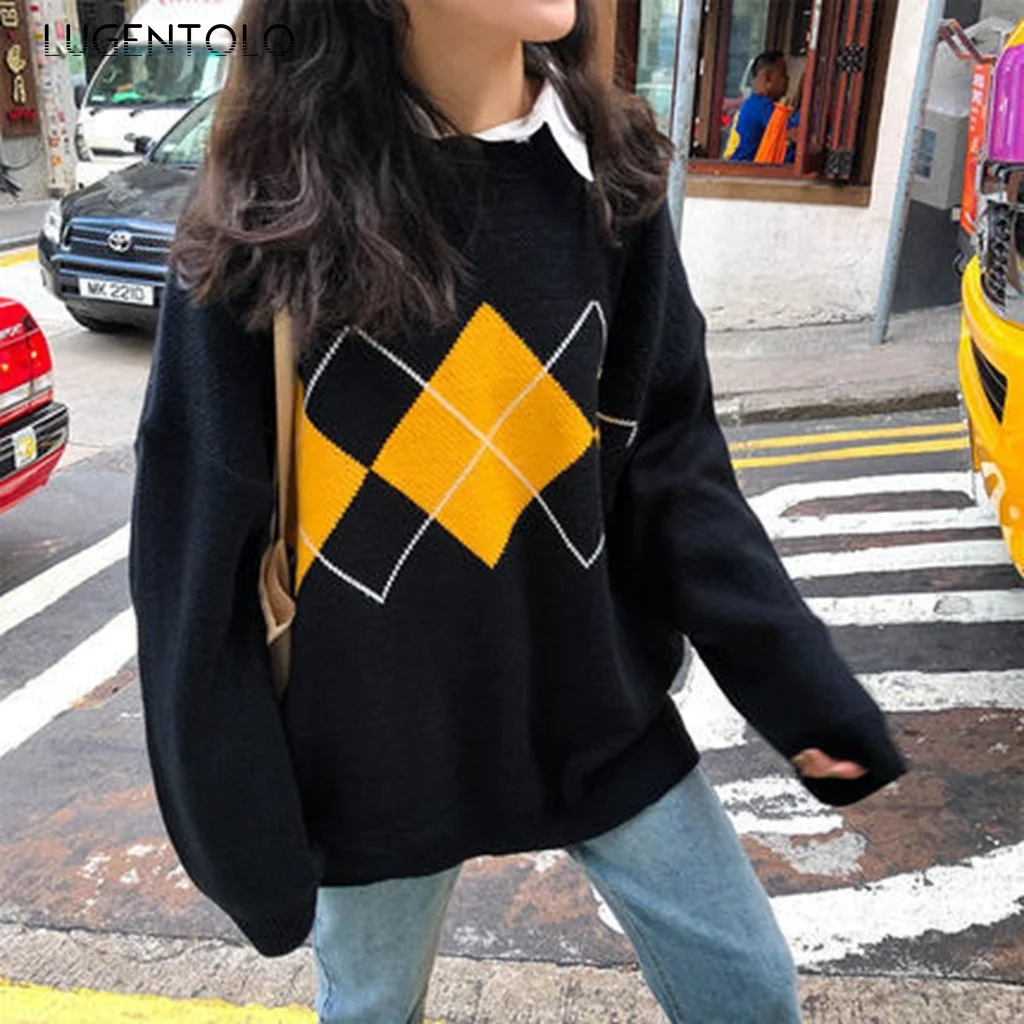Women Vintage Sweater O-neck Autumn Winter Casual Argyle Print Student Female Long Sleeve Street Pullover Sweaters
Women Vintage Sweater O-neck Autumn Winter Casual Argyle Print Student Female Long Sleeve Street Pullover Sweaters