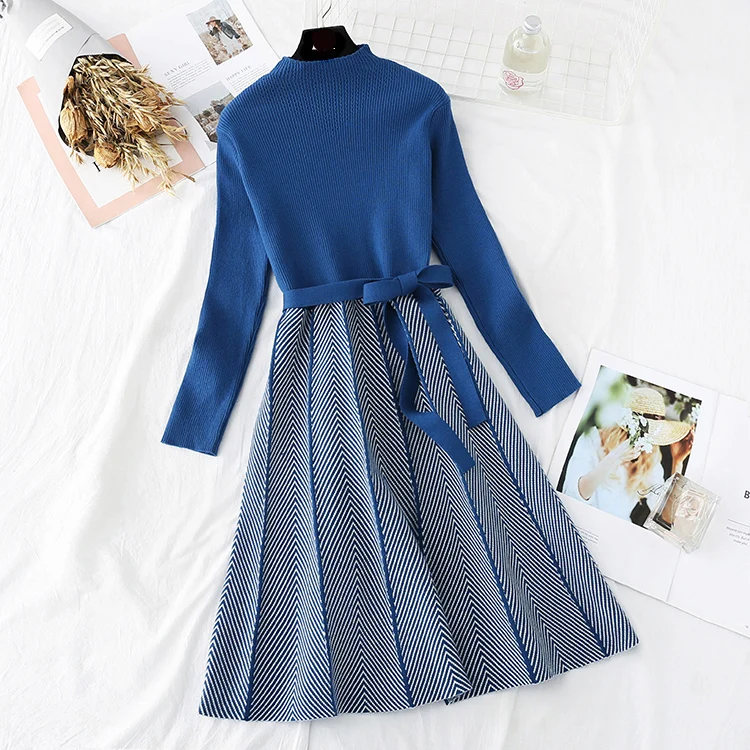 Autumn winter Vintage printed Knitted Sweater pleated Dress women OL Elegant sweater dress with belt female a-line slim dress
Autumn winter Vintage printed Knitted Sweater pleated Dress women OL Elegant sweater dress with belt female a-line slim dress