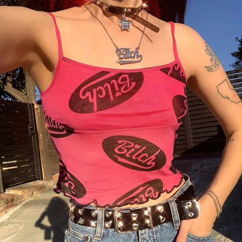 2021 Sexy Spaghetti Strap Cami Top Y2k Aesthetics Print Cropped Women Fashion Gothic Ruffles Hem Sleeveless Tops 90s Streetwear