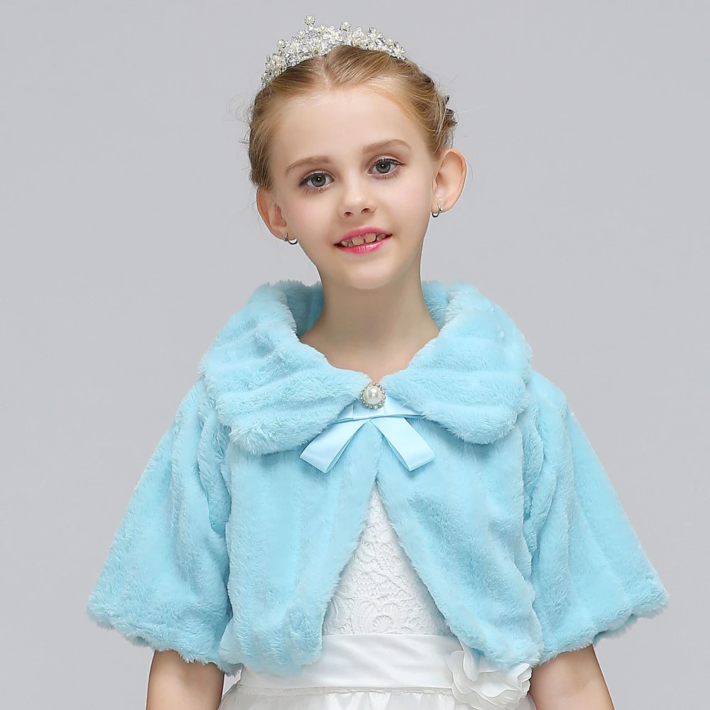 

New Sleeveless Bows Warm thick Plush Wedding Cloak Fur Junior Bridesmaid Cape for communion dress flower girls jacket Bolero