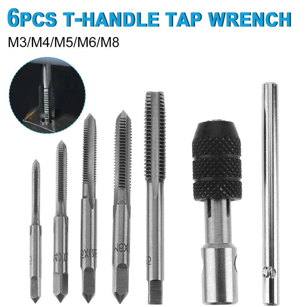 High Quality 6Pcs T-Handle Tap Wrench + M3/M4/M5/M6/M8 Screw Thread Tap T-shape Taps Set Manual Tapping Household Repair Tools
High Quality 6Pcs T-Handle Tap Wrench + M3/M4/M5/M6/M8 Screw Thread Tap T-shape Taps Set Manual Tapping Household Repair Tools