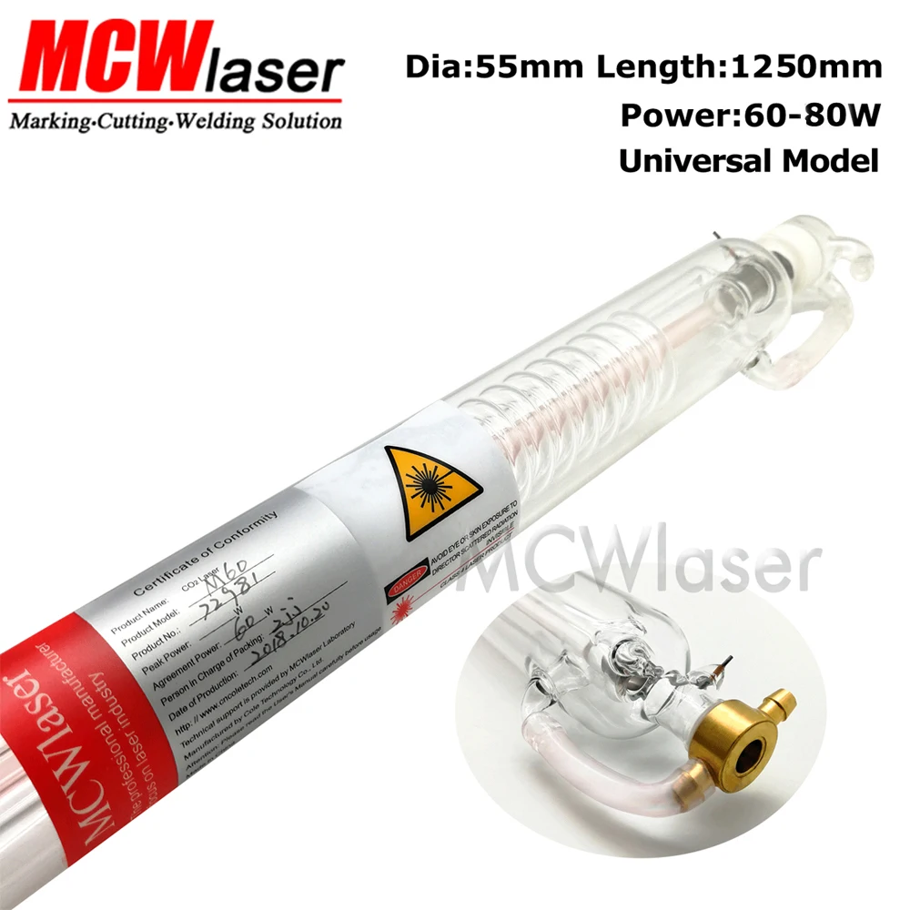 MCWlaser 60W Peak 80W CO2 Laser Tube Dia. 55mm Length 1250mm For CO2 Laser Engraving Cutting Machine
MCWlaser 60W Peak 80W CO2 Laser Tube Dia. 55mm Length 1250mm For CO2 Laser Engraving Cutting Machine