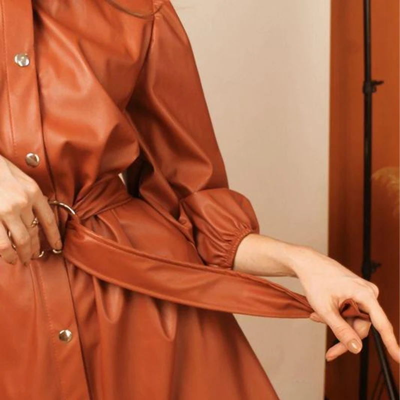 Women Vintage Single Button Sashes PU Mini Dress Turn Down Collar 3/4 Lantern Sleeve Solid Party Dress 2021 Fashion Women Dress
Women Vintage Single Button Sashes PU Mini Dress Turn Down Collar 3/4 Lantern Sleeve Solid Party Dress 2021 Fashion Women Dress