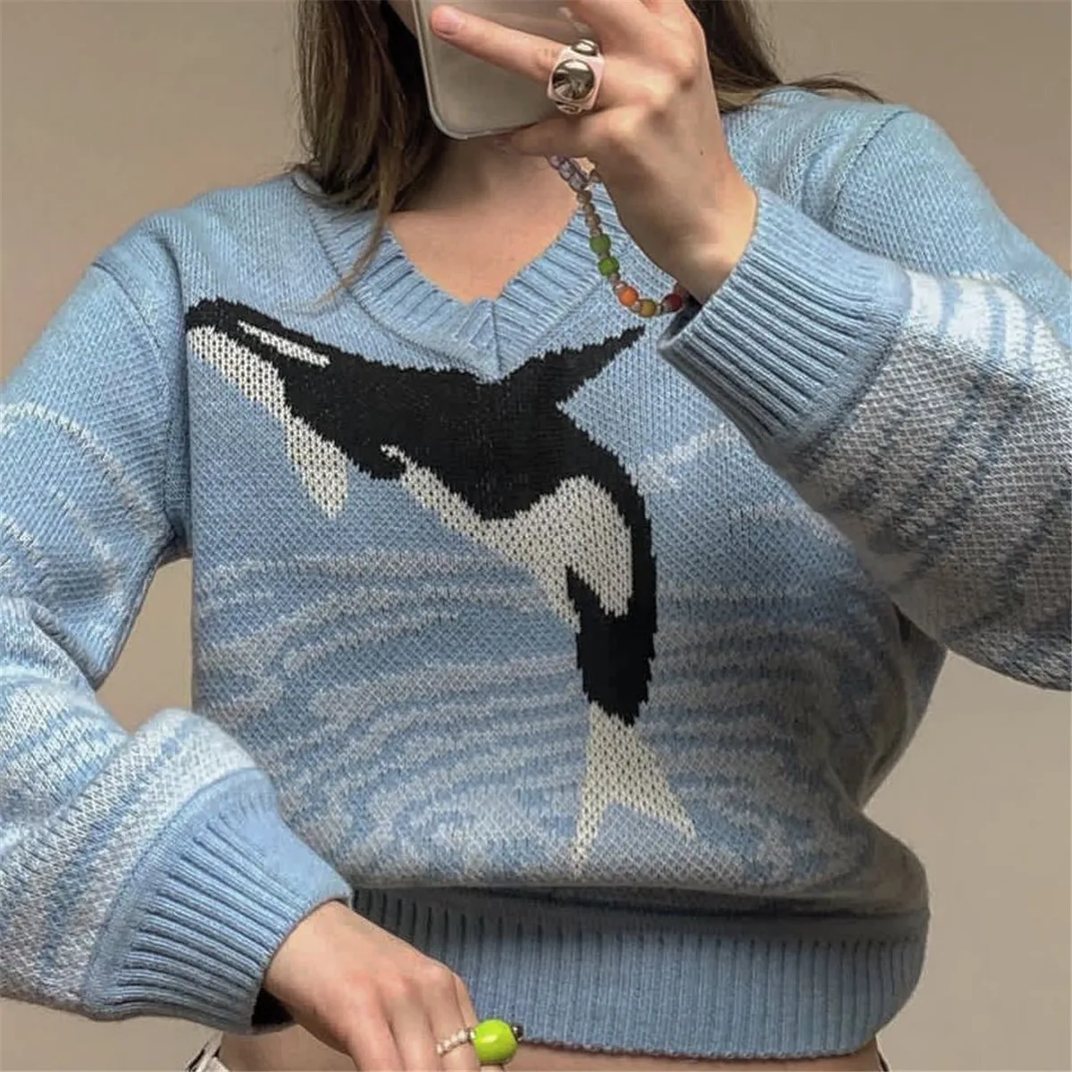 Fashion Women Cartoon Dolphin Printted V-Neck Jumpers Fashion Long-Sleeve Loose Sweater Blue Pullovers Autumn Winter Top 2021
Fashion Women Cartoon Dolphin Printted V-Neck Jumpers Fashion Long-Sleeve Loose Sweater Blue Pullovers Autumn Winter Top 2021