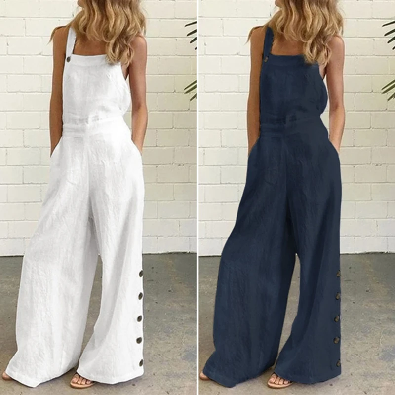 

Women Rompers Sleeveless Buttons Pockets Wide Leg Jumpsuit Overall Work Clothes Summer Loose Jumpsuits Clubwear