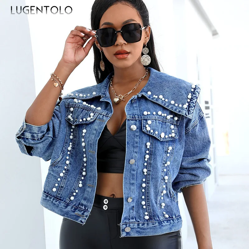 Women Denim Jacket Beading Single-breasted Short Coats Female Casual Pocket Fashion Street Wrist Sleeve Jackets Lugentolo
Women Denim Jacket Beading Single-breasted Short Coats Female Casual Pocket Fashion Street Wrist Sleeve Jackets Lugentolo