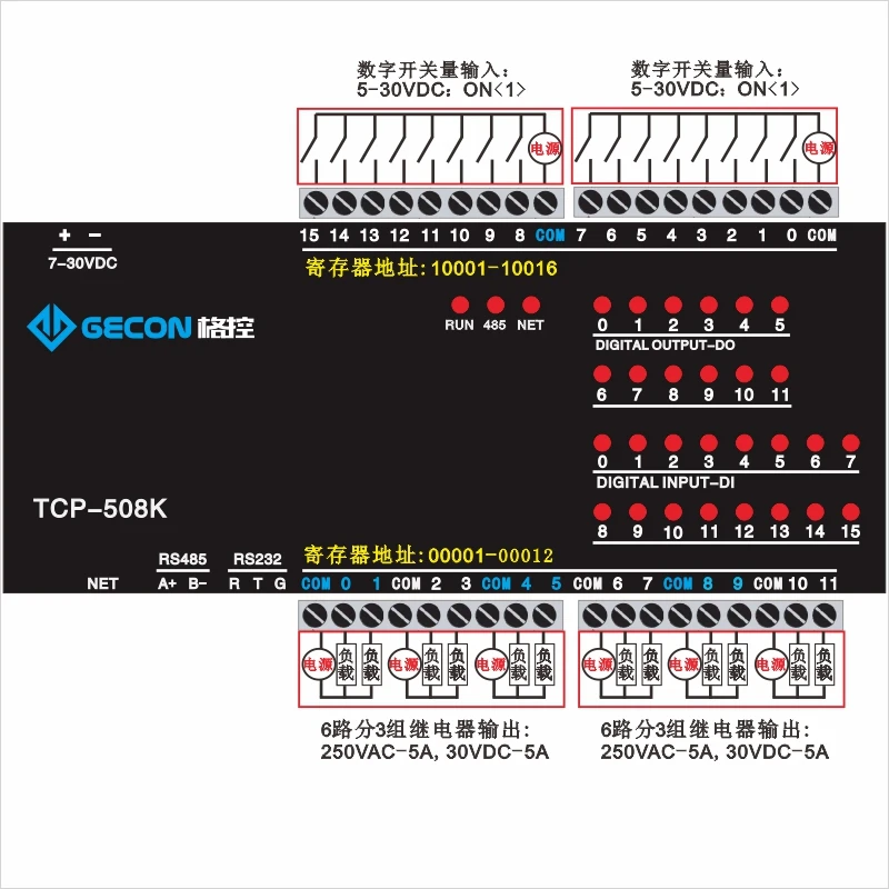 12-channel relay output 16-channel switch input RJ45 Ethernet Modbus TCP controller Normally open relay 5A/250VAC 5A/30VDC4-20MA
12-channel relay output 16-channel switch input RJ45 Ethernet Modbus TCP controller Normally open relay 5A/250VAC 5A/30VDC4-20MA