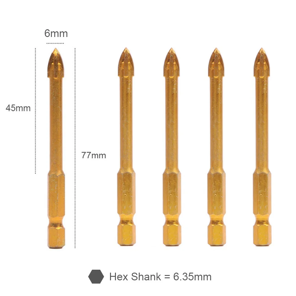 5pcs Glass Drill Bit Titanium Ceramic Tile Marble Glass Drill Bit Hex Shank Cross Spear Head With Strong Toughness
5pcs Glass Drill Bit Titanium Ceramic Tile Marble Glass Drill Bit Hex Shank Cross Spear Head With Strong Toughness