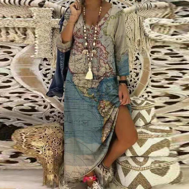 Casual Women V-Neck Loose Long Dress Spring Vintage Earth Maps Print Party Dress Fashion Elegant Long Sleeve Maxi Dress Vestidos
Casual Women V-Neck Loose Long Dress Spring Vintage Earth Maps Print Party Dress Fashion Elegant Long Sleeve Maxi Dress Vestidos