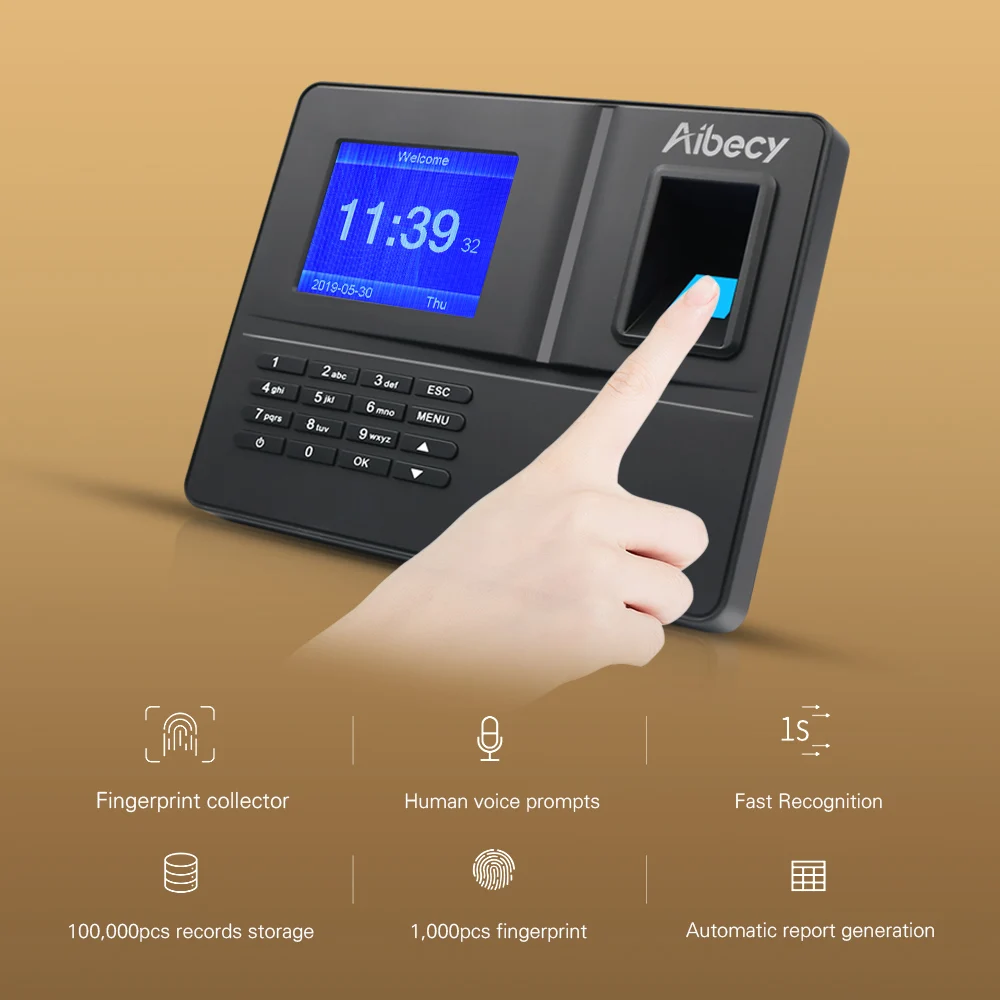 Aibecy Intelligent Biometric Fingerprint Time Attendance Machine with 3.2 Inch TFT Display Screen Battery Time Clock
Aibecy Intelligent Biometric Fingerprint Time Attendance Machine with 3.2 Inch TFT Display Screen Battery Time Clock