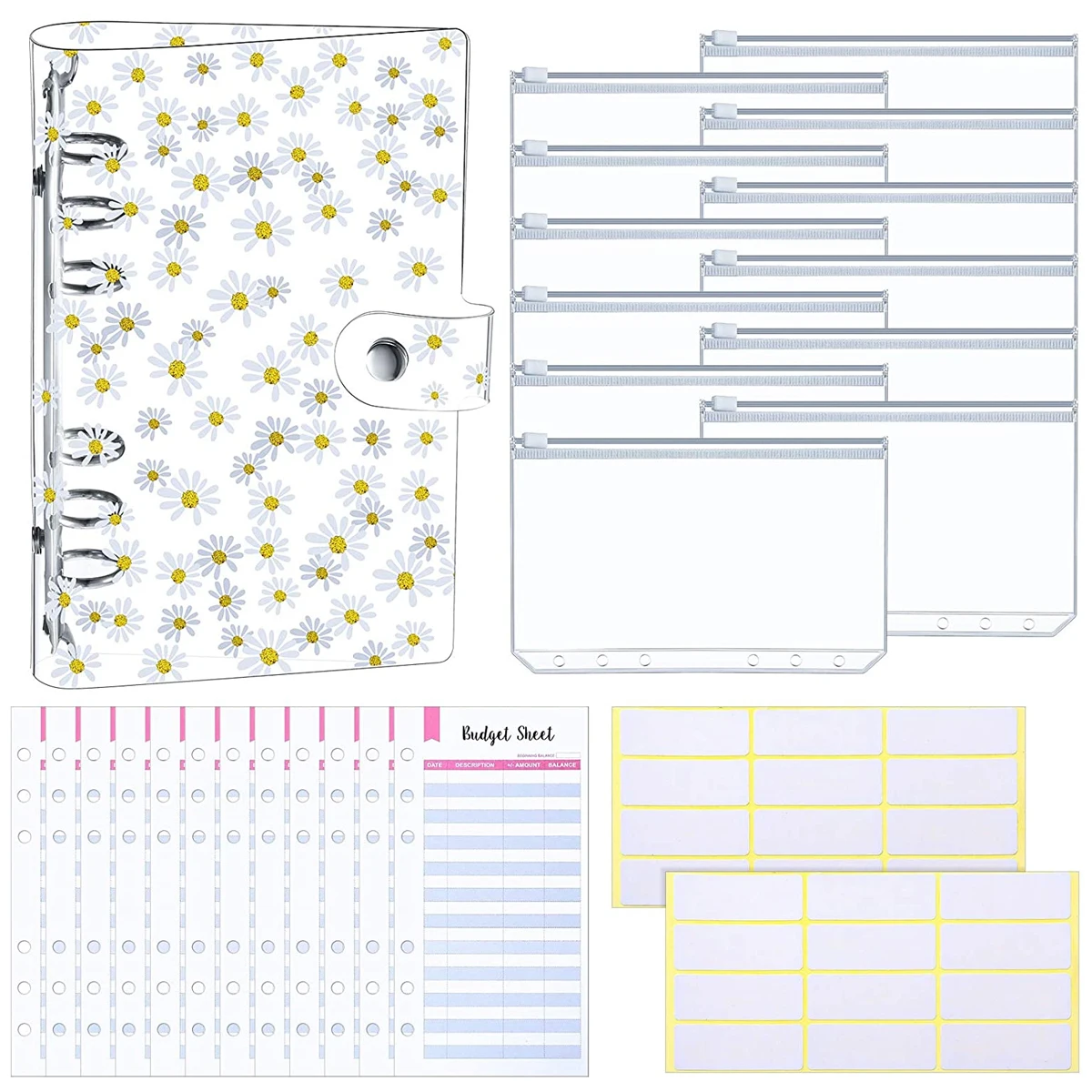 27 Pieces A6 Binder PVC Notebook Cover Budget Envelopes System Planner with 12 Clear Zipper Pockets, Budget Sheets and Labels
27 Pieces A6 Binder PVC Notebook Cover Budget Envelopes System Planner with 12 Clear Zipper Pockets, Budget Sheets and Labels