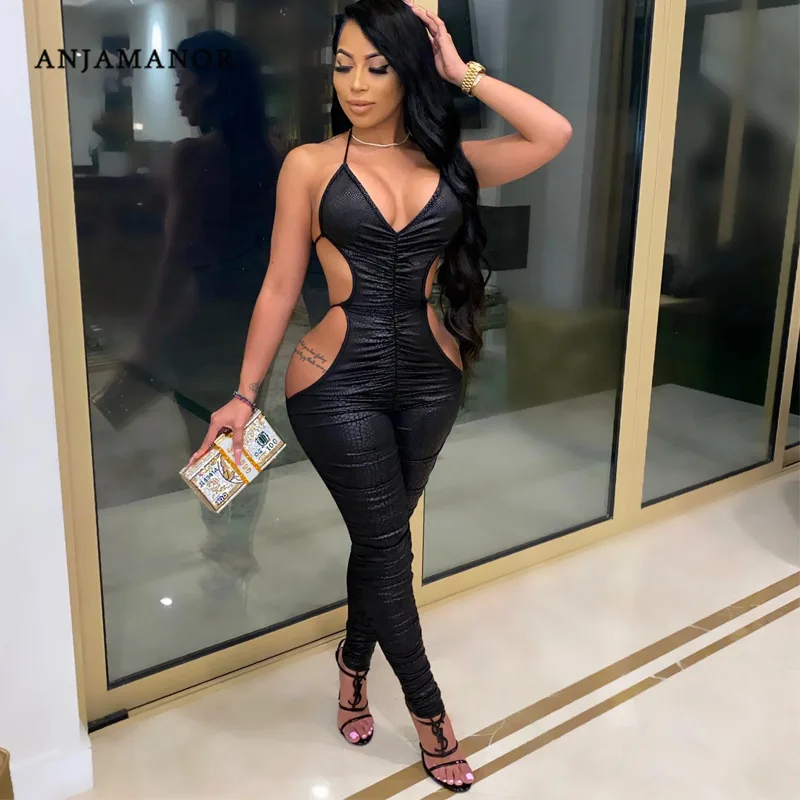 ANJAMANOR Sexy Faux Leather Black Bodycon Jumpsuit Cutout Halter Backless One Piece Outfit Club Rompers Fall Winter D6-DZ24
ANJAMANOR Sexy Faux Leather Black Bodycon Jumpsuit Cutout Halter Backless One Piece Outfit Club Rompers Fall Winter D6-DZ24