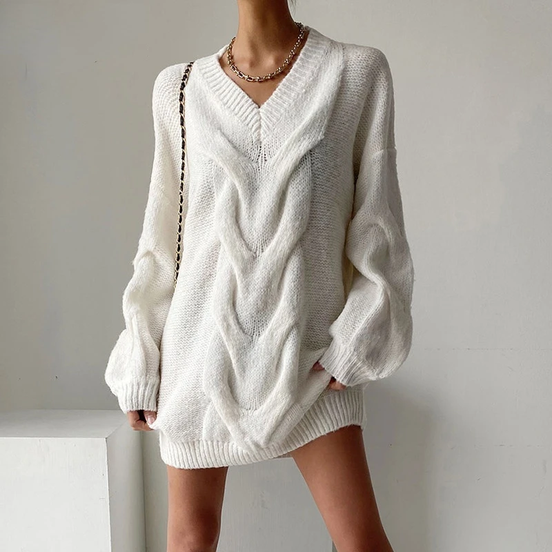 2021 Autumn and Winter New Long-sleeved Sweater Dress Women's Casual Solid Color V-neck Temperament Is Thinner Loose Knit Dress
2021 Autumn and Winter New Long-sleeved Sweater Dress Women's Casual Solid Color V-neck Temperament Is Thinner Loose Knit Dress