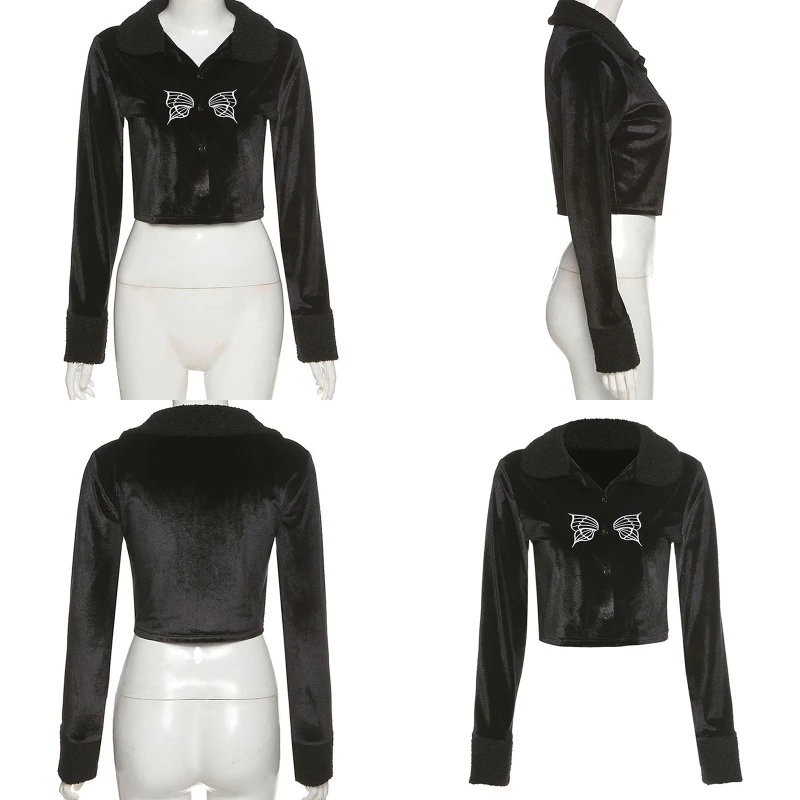 HXBA Women Gothic Long Sleeve Velvet Crop Top Harajuku Butterfly Embroidery Faux Fur Plush Lapel Cardigan Button Down Slim Fit
HXBA Women Gothic Long Sleeve Velvet Crop Top Harajuku Butterfly Embroidery Faux Fur Plush Lapel Cardigan Button Down Slim Fit
