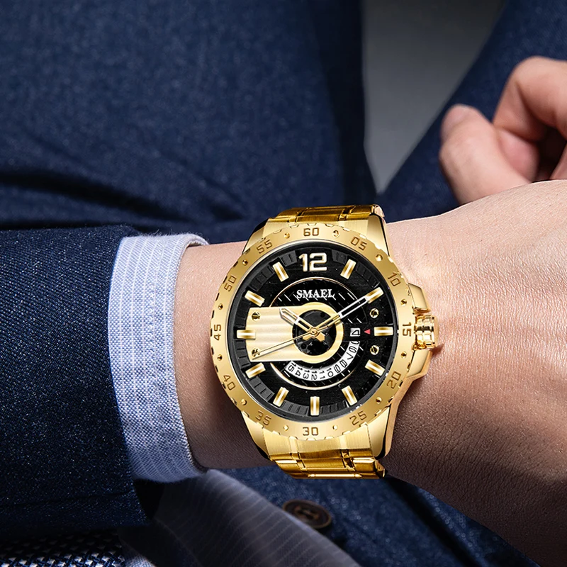 SMAEL 2021 New Men Watches Top Brand Luxury Gold Stainless Steel Quartz Watch Men Waterproof Sport Chronograph Relogio Masculino
SMAEL 2021 New Men Watches Top Brand Luxury Gold Stainless Steel Quartz Watch Men Waterproof Sport Chronograph Relogio Masculino
