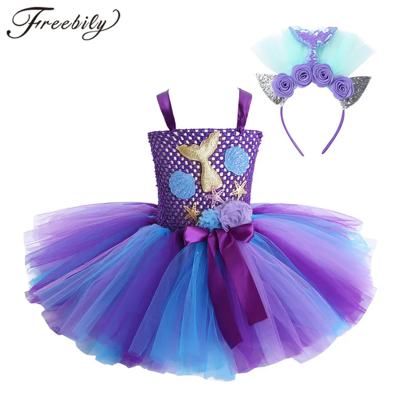 

Girls Mermaid Tail Scallop Starfish Applique 3D Flower Sleeveless Mesh Tutu Dress Childs Dance Wear Kids Cosplay Costume Outfit