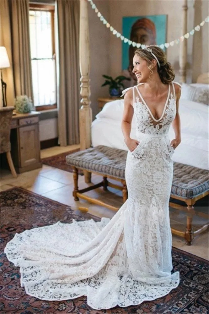 Bohemia Backless Lace Mermaid Ivory Dress for Wedding Party Summer Beach Garden Bridal Gowns with Pocket vestidos de noiva 
Bohemia Backless Lace Mermaid Ivory Dress for Wedding Party Summer Beach Garden Bridal Gowns with Pocket vestidos de noiva
