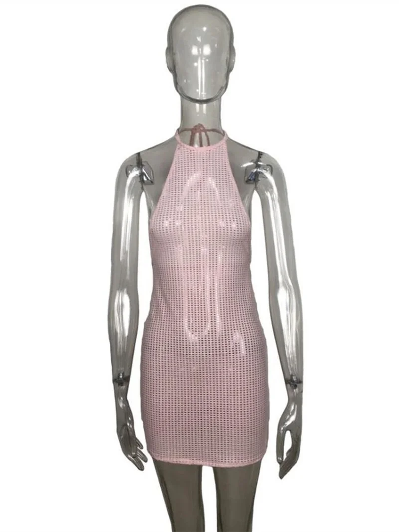 2021 Summer Sexy Halter Backless Transparent Sleeveless Hip Bap Mini Dress Bodycon Mesh See-through Beach Solid Black Pink Dress
2021 Summer Sexy Halter Backless Transparent Sleeveless Hip Bap Mini Dress Bodycon Mesh See-through Beach Solid Black Pink Dress