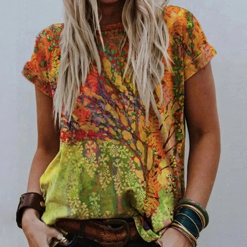 Summer T Shirt Flowers Tree Printed O Neck Causal Female Short Sleeved Loose T Shirt Ladies Tree Tops 
Summer T Shirt Flowers Tree Printed O Neck Causal Female Short Sleeved Loose T Shirt Ladies Tree Tops