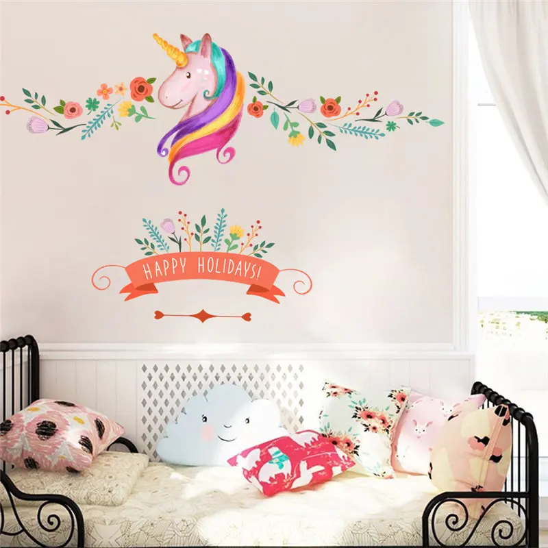 

Cute Unicorn With Flower Vine Wall Stickers For Kids Room Girls Bedroom Home Decorations Animal Mural Ar Diy Wall Decal