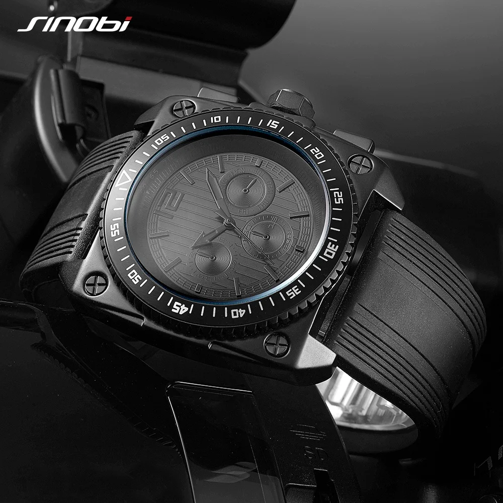 

SINOBI Reloj Hombre Retro Men's Watch Military Watches Black Silicone Square Big Dial Quartz Watch Clock Men