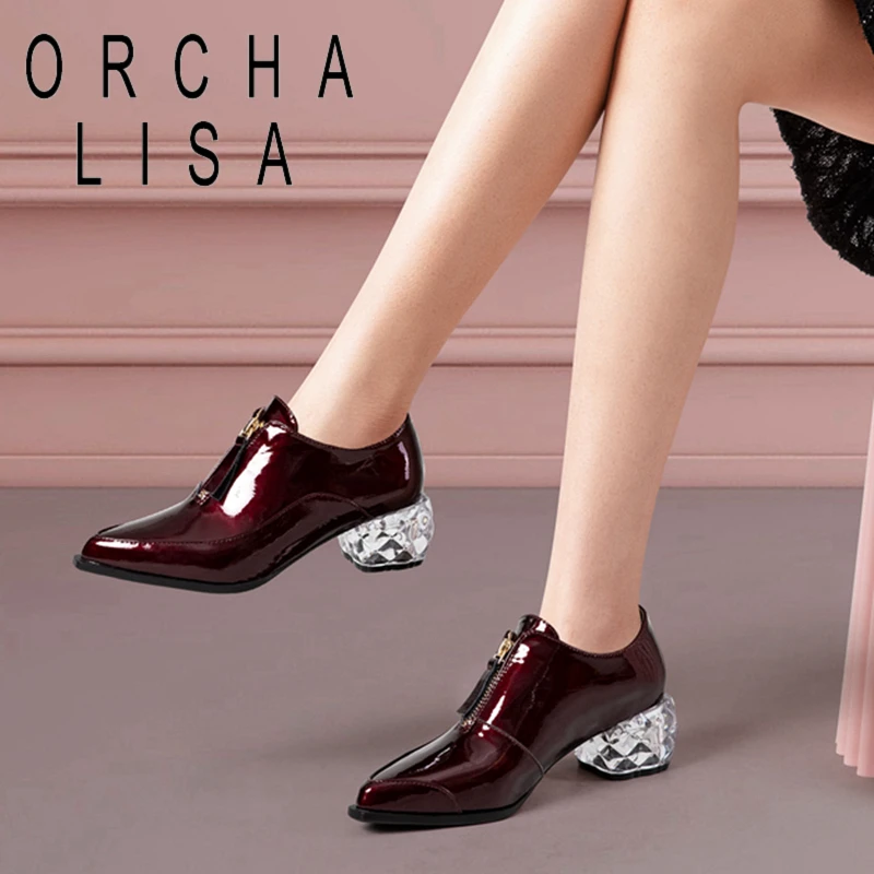 

ORCHALISA Women New 2021 Pumps Pointed Toe 5cm Strange Heels Patent Leather Zip Classic Concise Soft Big Size 33-48 Casual A3674