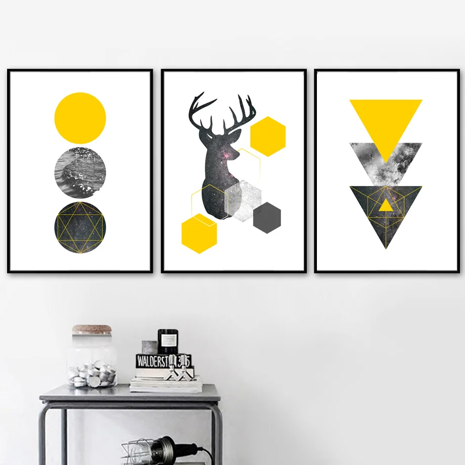 Олень море Звездная Wall Art Холст Картины желтый геометрический Nordic Плакаты и