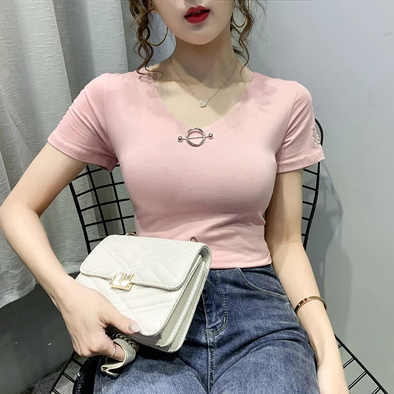 Hollow Out Floral Pink T Shirt Women Cotton Summer Tops Camisas Mujer T-Shirt Short Sleeve Woman Clothes Black Tee Femme | Женская