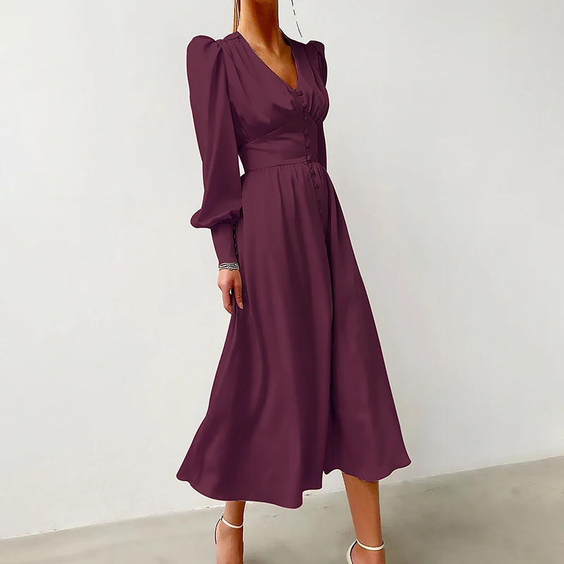 Beige Single Breasted Sexy Dresses Party Clud High Waist Satin Long Dress Elegant V Neck Women Midi Dresses Lantern Sleeve 2021
Beige Single Breasted Sexy Dresses Party Clud High Waist Satin Long Dress Elegant V Neck Women Midi Dresses Lantern Sleeve 2021