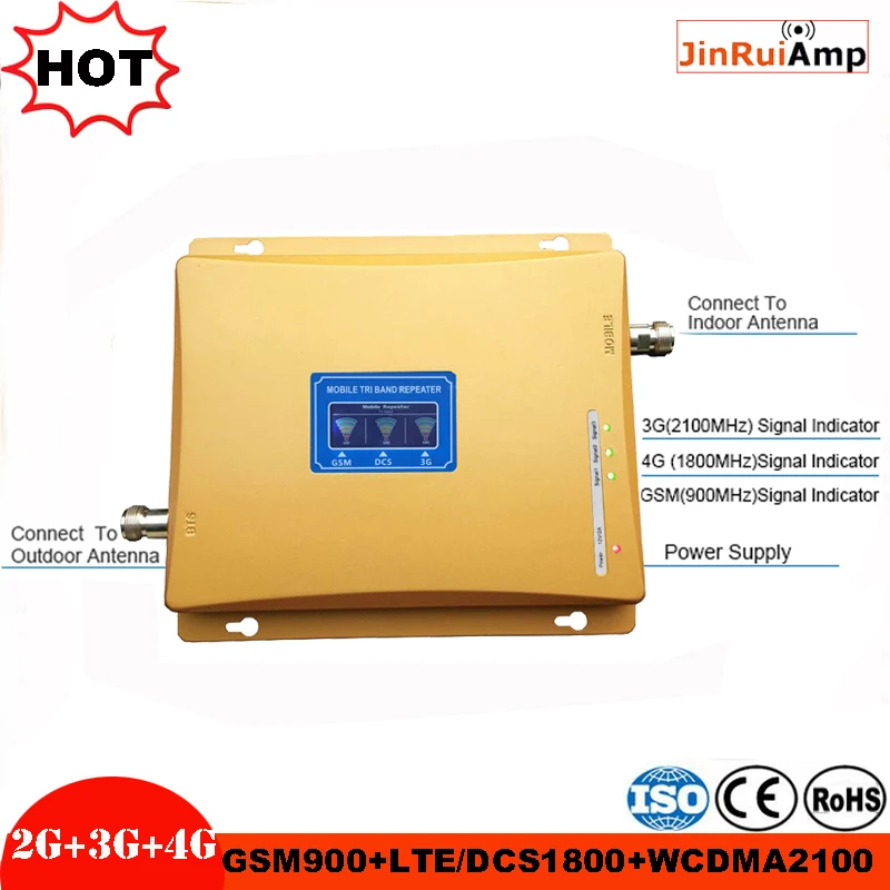 

Gain 70dB 2G 3G 4G Tri Band Cellular Signal Booster GSM Repeater 900MHz+DCS LTE 1800MHz+WCDMA UMTS 2100MHz amplifier with LCD