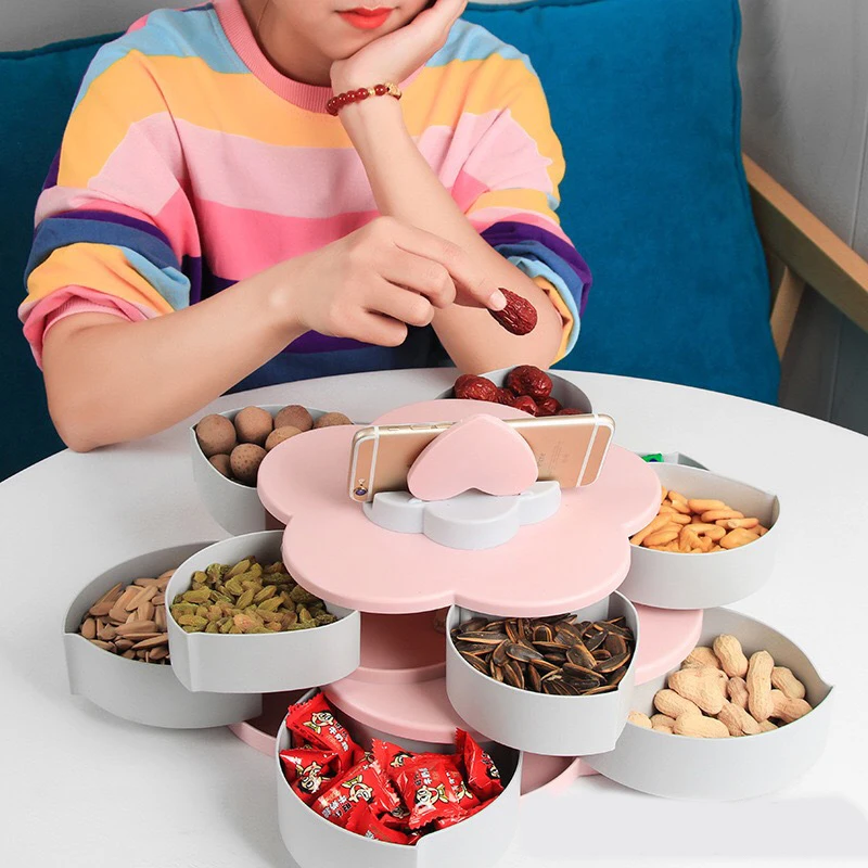 Rotating Petal-Shape Candy Box Snack Nut Box Food Storage Case Flower Candy Fruit Plate Two-deck Dried Fruit Organizer Storage
Rotating Petal-Shape Candy Box Snack Nut Box Food Storage Case Flower Candy Fruit Plate Two-deck Dried Fruit Organizer Storage