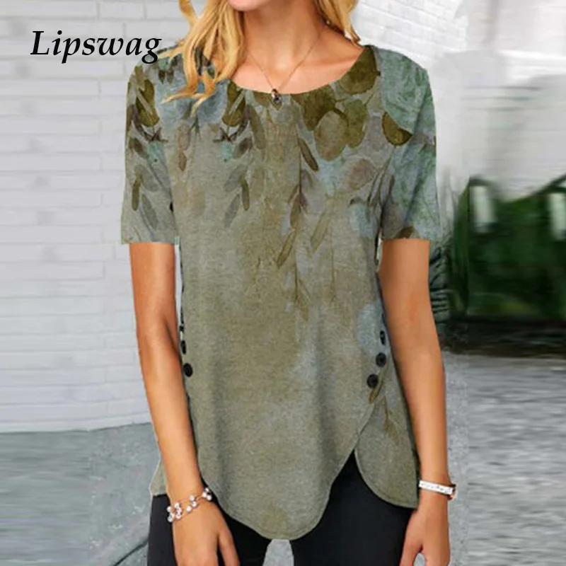 Vintage Print Button Irregular Blouse Shirts 2021 Casual Short Sleeve Tops Fashion Summer O-Neck Women Pullover Blusa Streetwear
Vintage Print Button Irregular Blouse Shirts 2021 Casual Short Sleeve Tops Fashion Summer O-Neck Women Pullover Blusa Streetwear