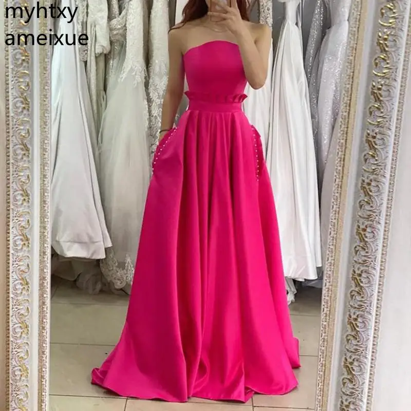 

Sexy Fuchsia A Line Satin Evening Dress 2021 Long Strapless Pleats Prom Gowns Bead Pockets Women Party Dress Vestidos De Gala