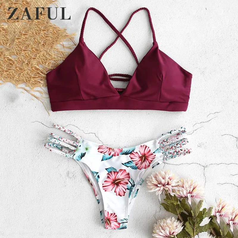 

ZAFUL Lace Up Braided Flower Bikini Set Criss-Cross Spaghetti Straps Swimwear Low Waisted Padded Sexy Swimsuit Bathing Suit